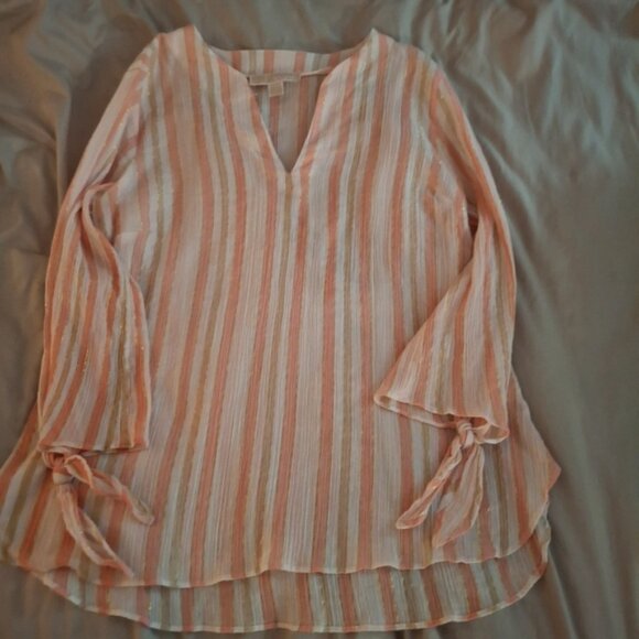 Michael Kors Women's Striped Sheer Pink, White, and Tan Blouse - Picture 4 of 6